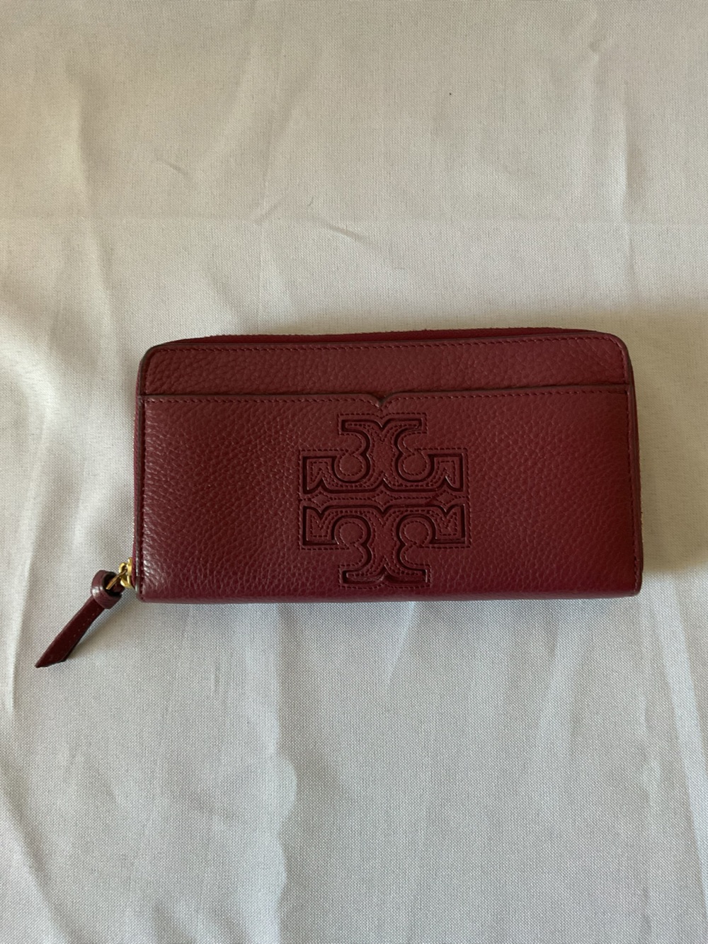 Tory Burch Deep Red Leather Zip Card Wallet